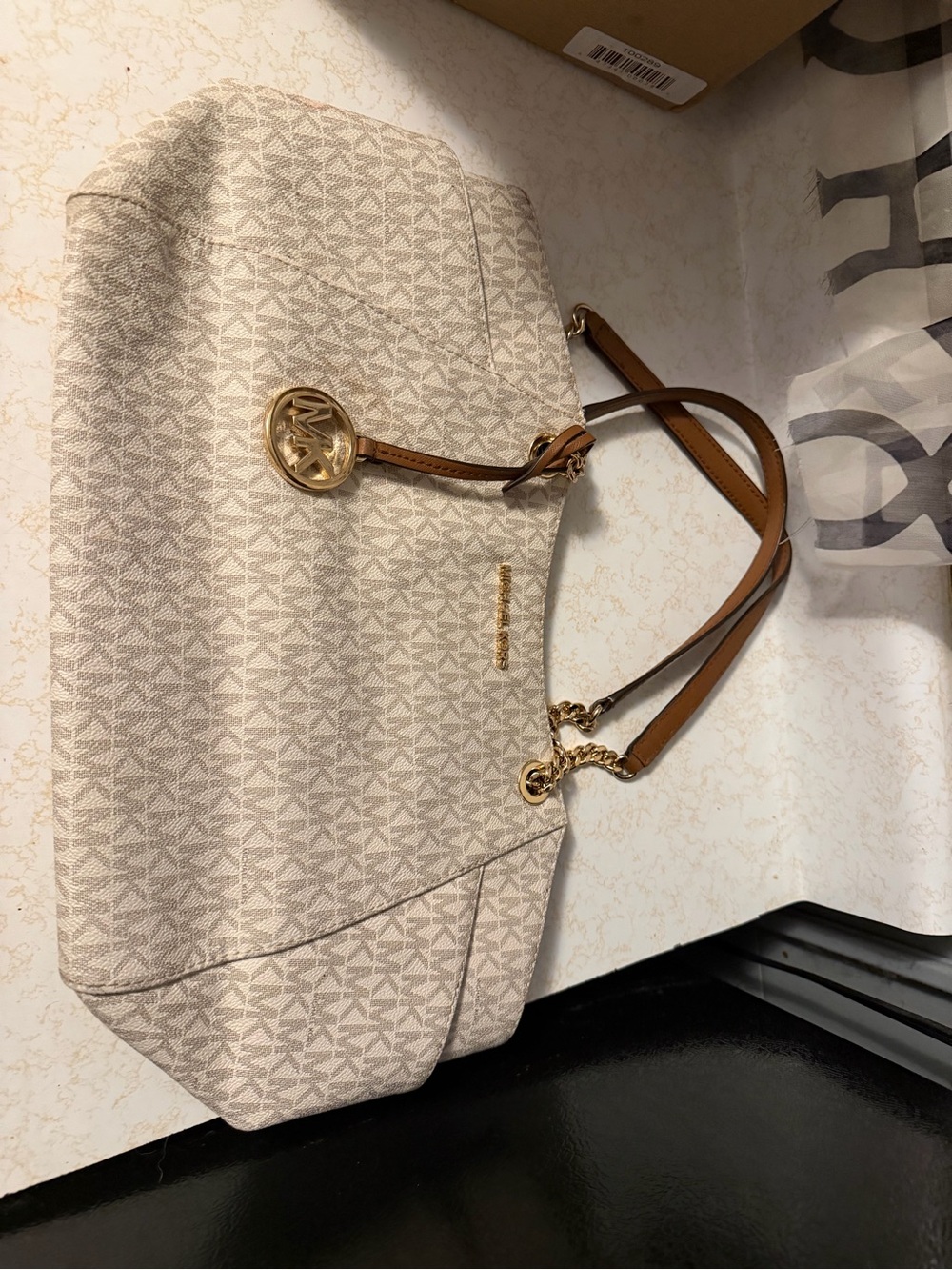 Michael Kors Cream MK Logo Shoulder Tote with Brown Leather Straps